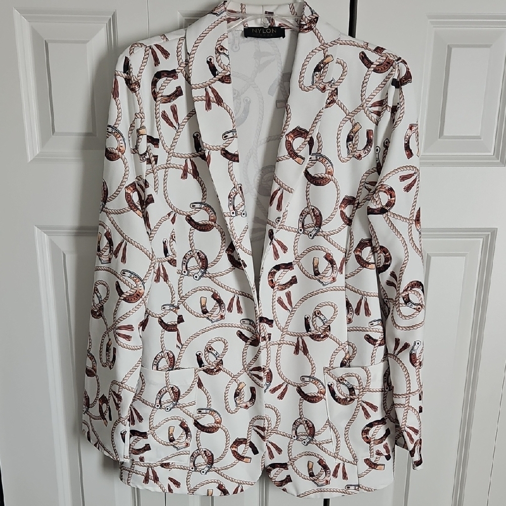 Women's White and Brown Patterned Blazer